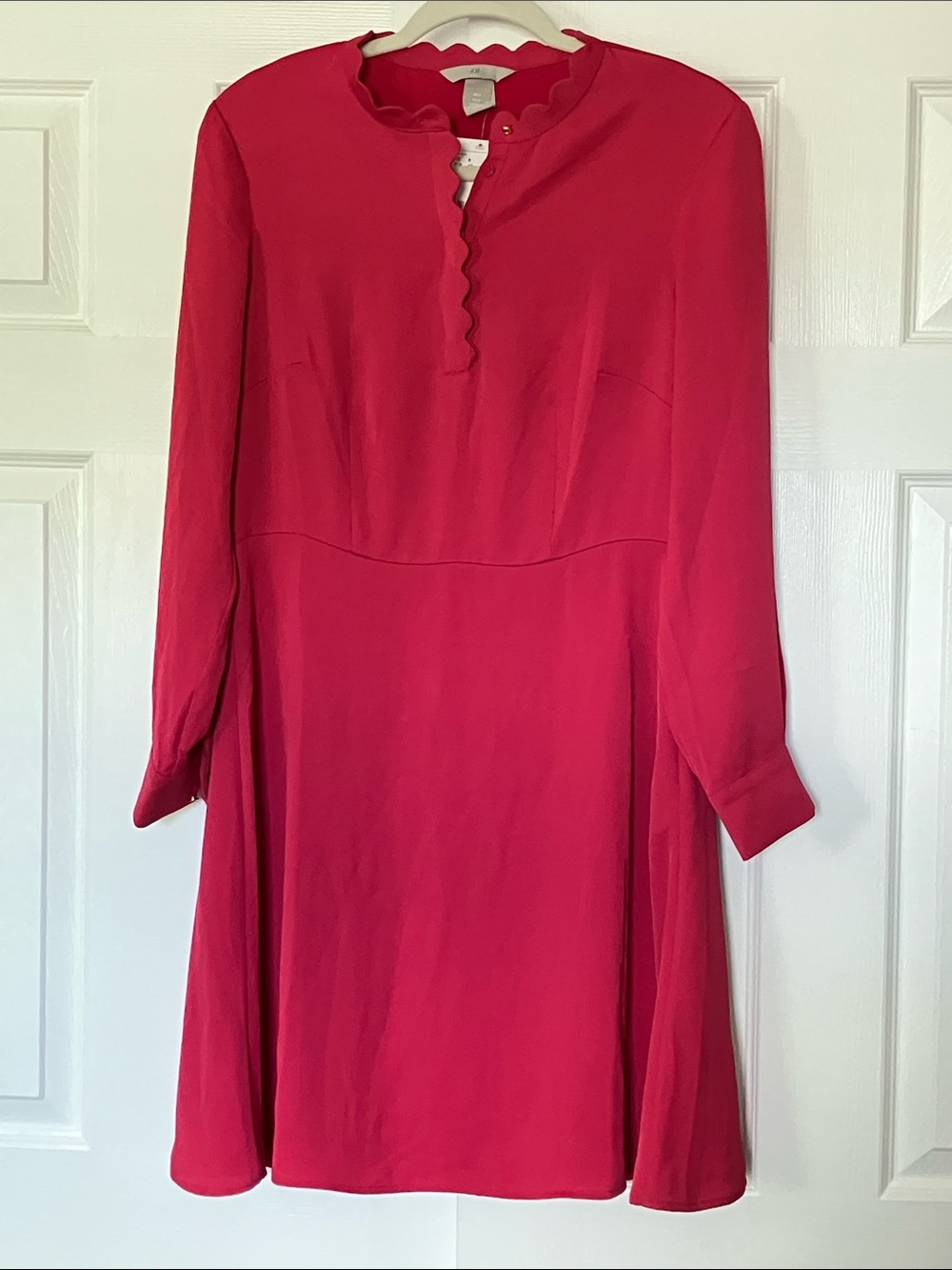 H&M Hot Pink Long Sleeve Scalloped Neck A-Line Dress